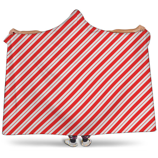 Red And White Candy Cane Stripes Print Hooded Blanket