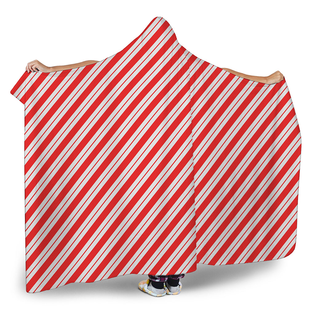 Red And White Candy Cane Stripes Print Hooded Blanket