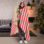 Red And White Candy Cane Stripes Print Hooded Blanket