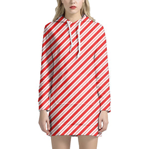 Red And White Candy Cane Stripes Print Hoodie Dress