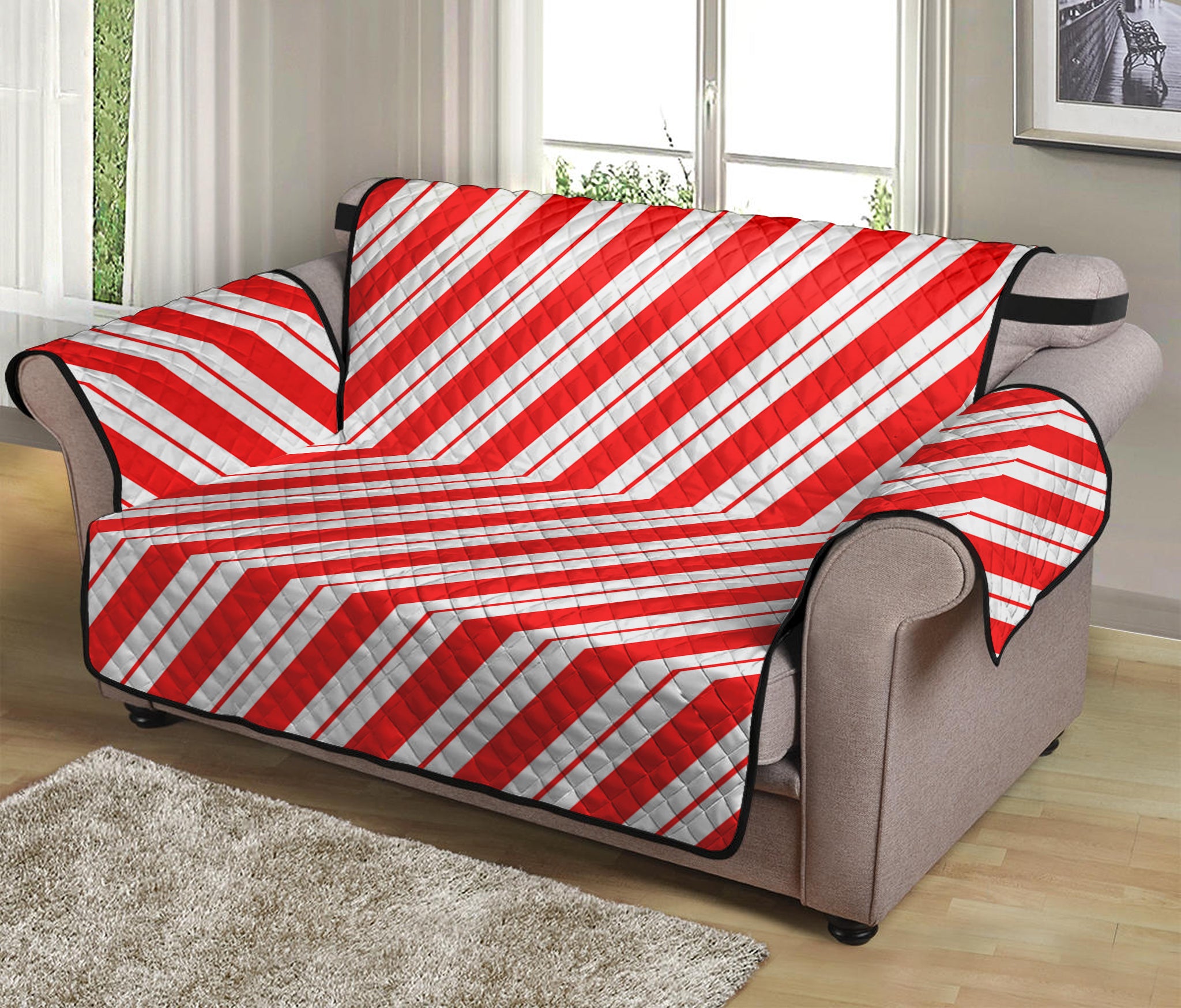 Red And White Candy Cane Stripes Print Loveseat Protector