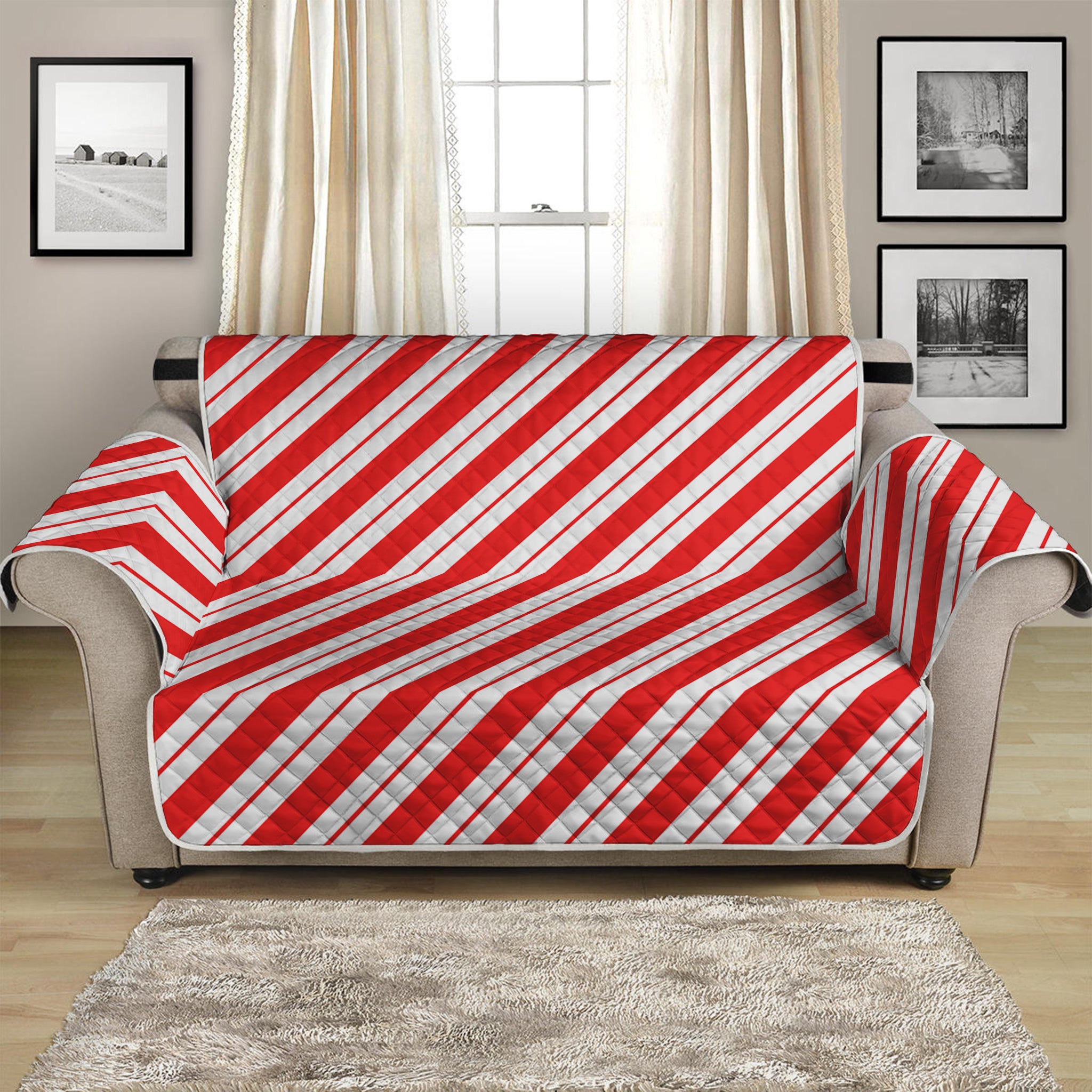 Red And White Candy Cane Stripes Print Loveseat Protector