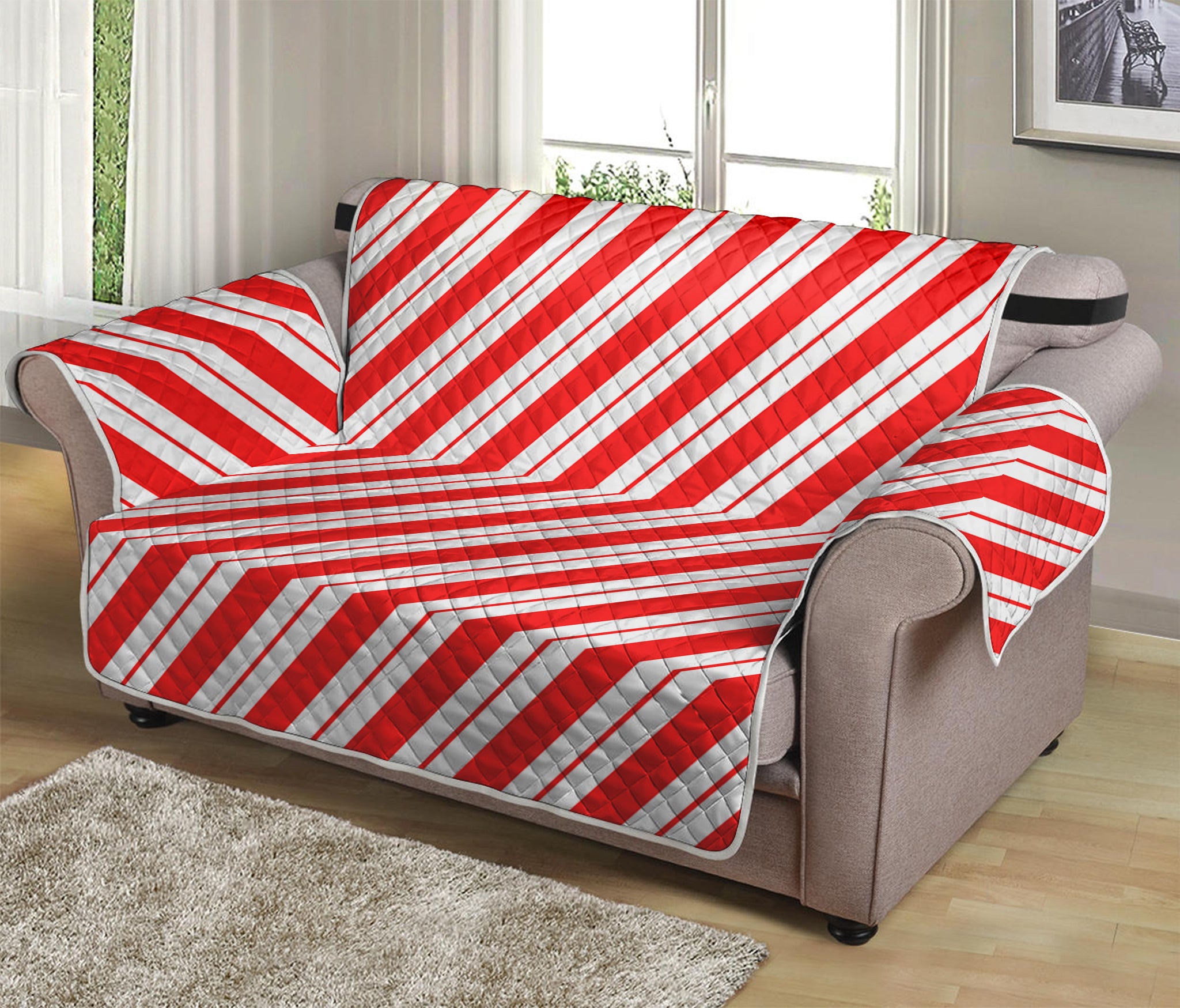 Red And White Candy Cane Stripes Print Loveseat Protector