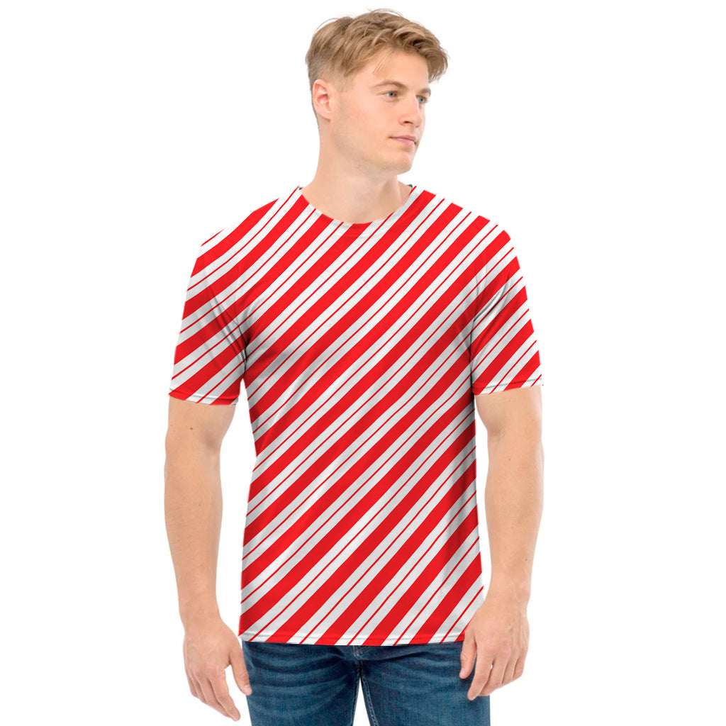 Red And White Candy Cane Stripes Print Men's T-Shirt