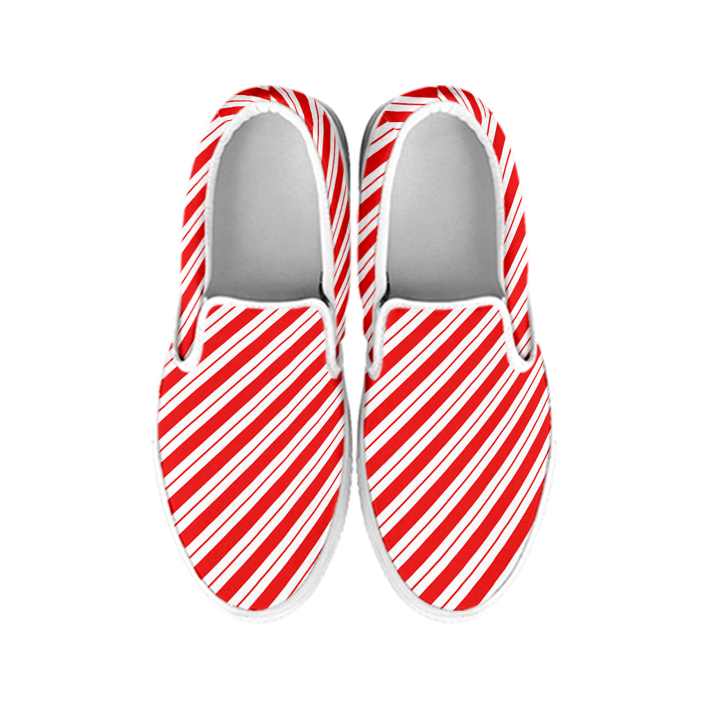 Red And White Candy Cane Stripes Print White Slip On Shoes