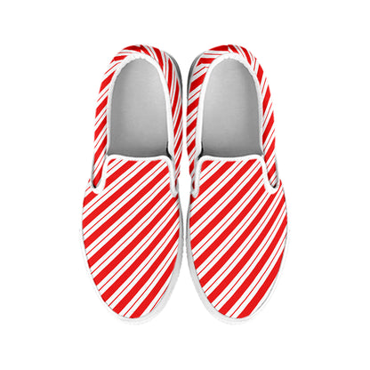 Red And White Candy Cane Stripes Print White Slip On Shoes