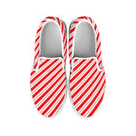 Red And White Candy Cane Stripes Print White Slip On Shoes