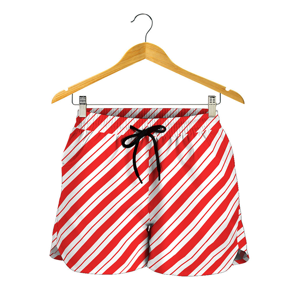 Red And White Candy Cane Stripes Print Women's Shorts