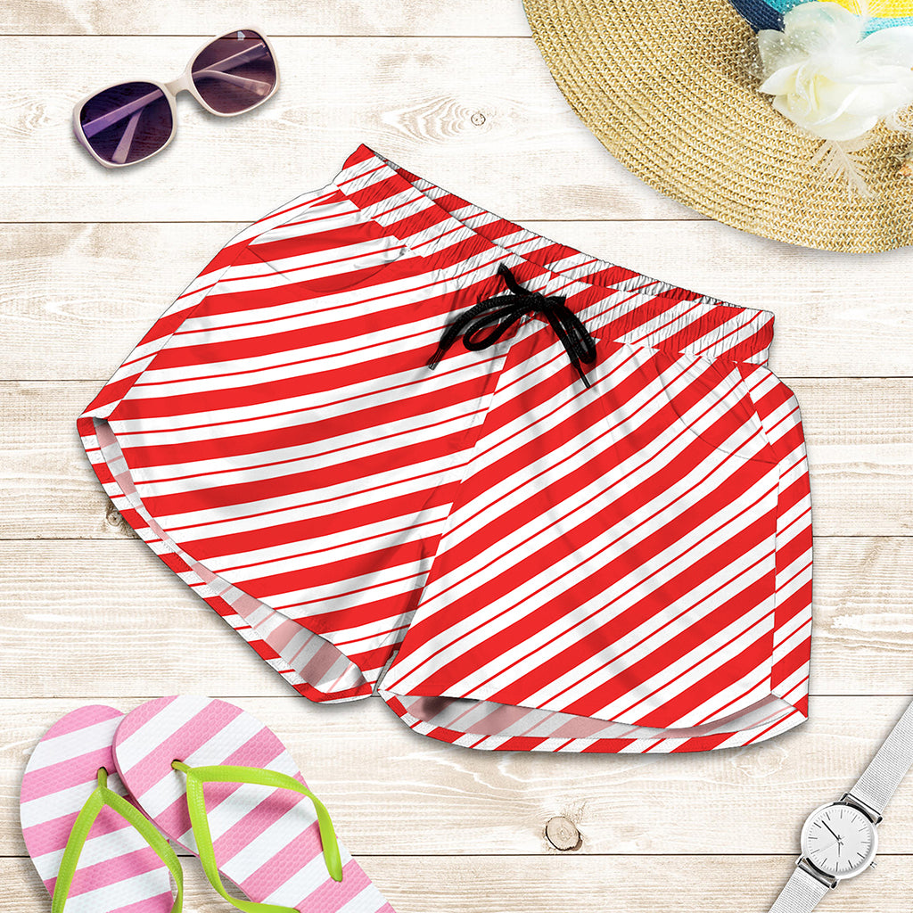 Red And White Candy Cane Stripes Print Women's Shorts