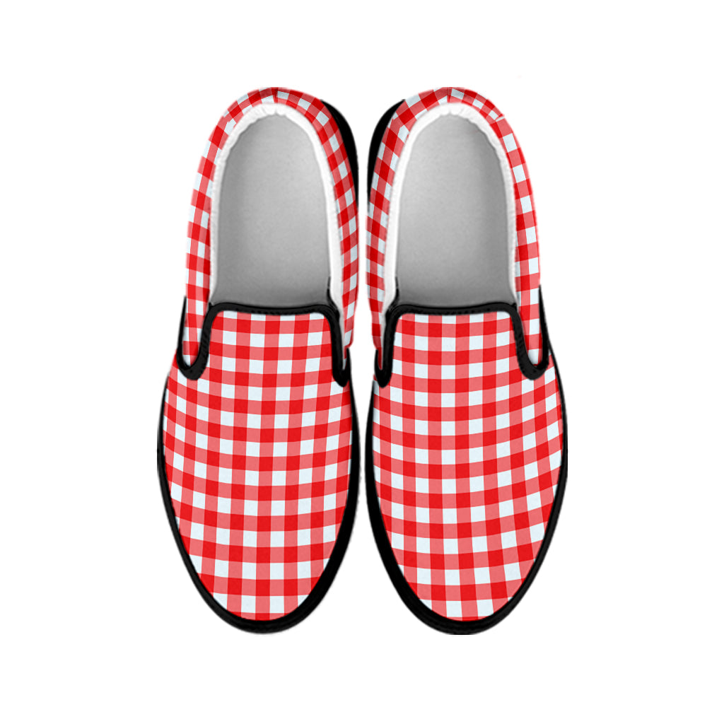 Red And White Check Pattern Print Black Slip On Shoes