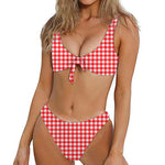 Red And White Check Pattern Print Front Bow Tie Bikini