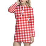 Red And White Check Pattern Print Hoodie Dress
