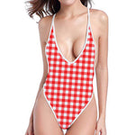 Red And White Check Pattern Print One Piece High Cut Swimsuit
