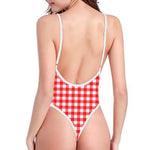 Red And White Check Pattern Print One Piece High Cut Swimsuit