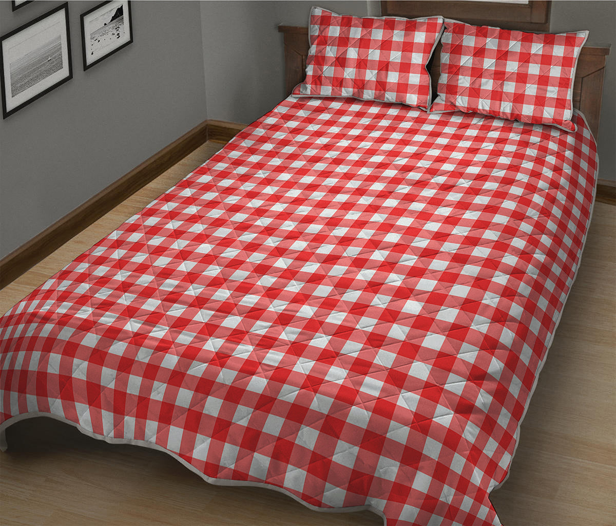Red And White Check Pattern Print Quilt Bed Set