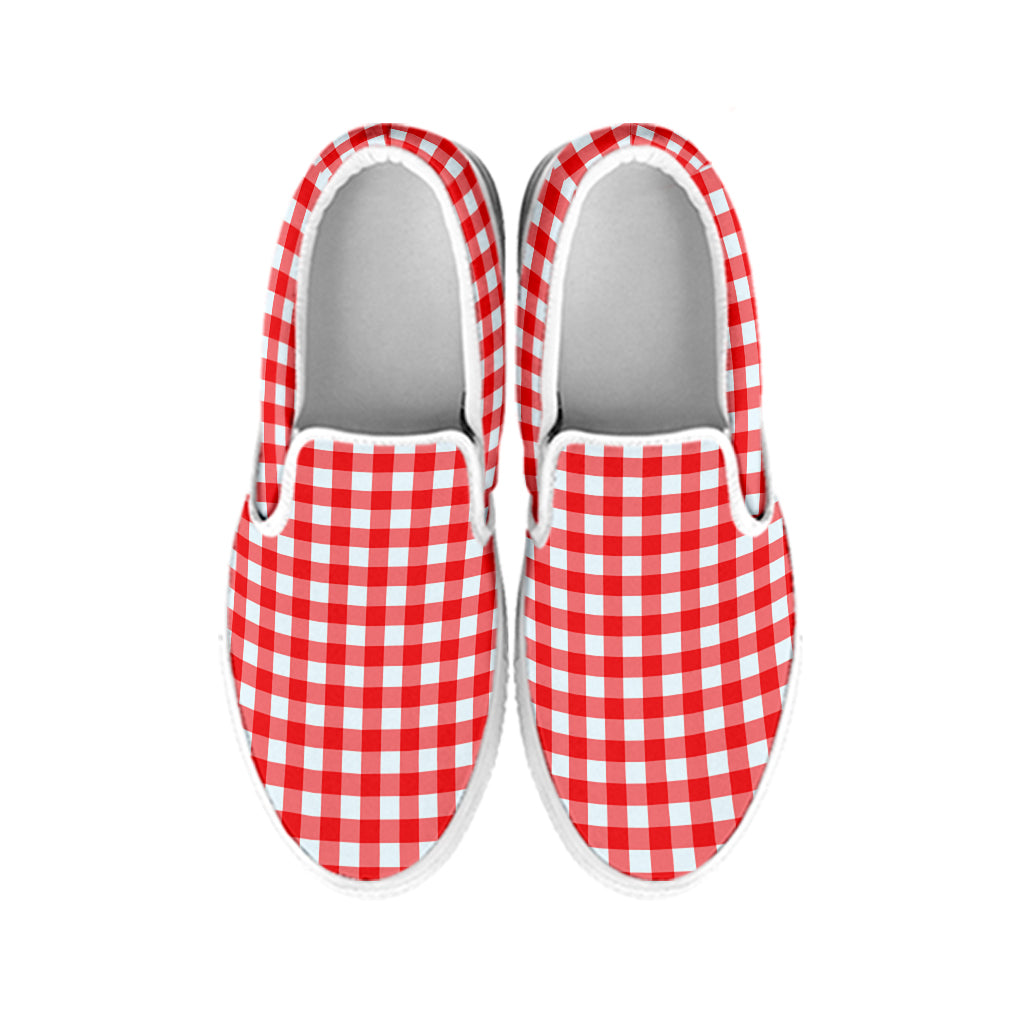 Red And White Check Pattern Print White Slip On Shoes