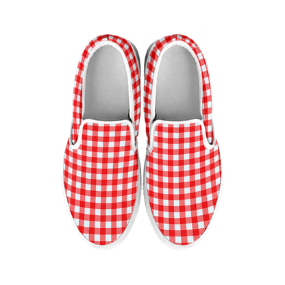 Red And White Check Pattern Print White Slip On Shoes