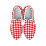 Red And White Check Pattern Print White Slip On Shoes