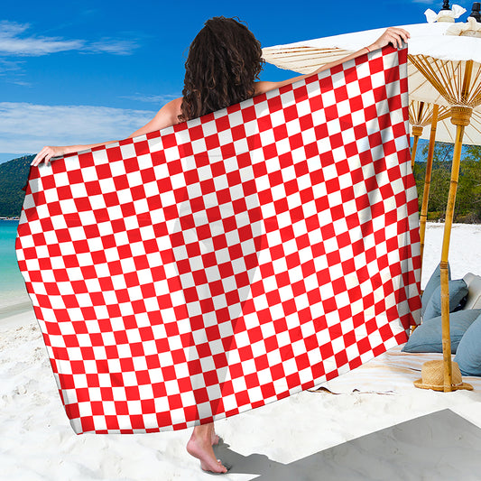 Red And White Checkered Pattern Print Beach Sarong Wrap