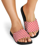 Red And White Checkered Pattern Print Black Slide Sandals