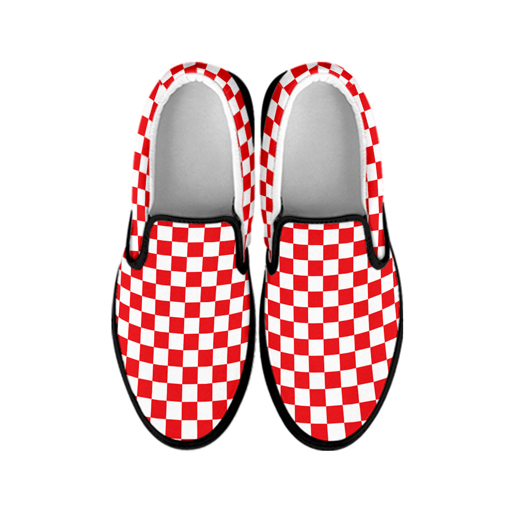 Red And White Checkered Pattern Print Black Slip On Shoes