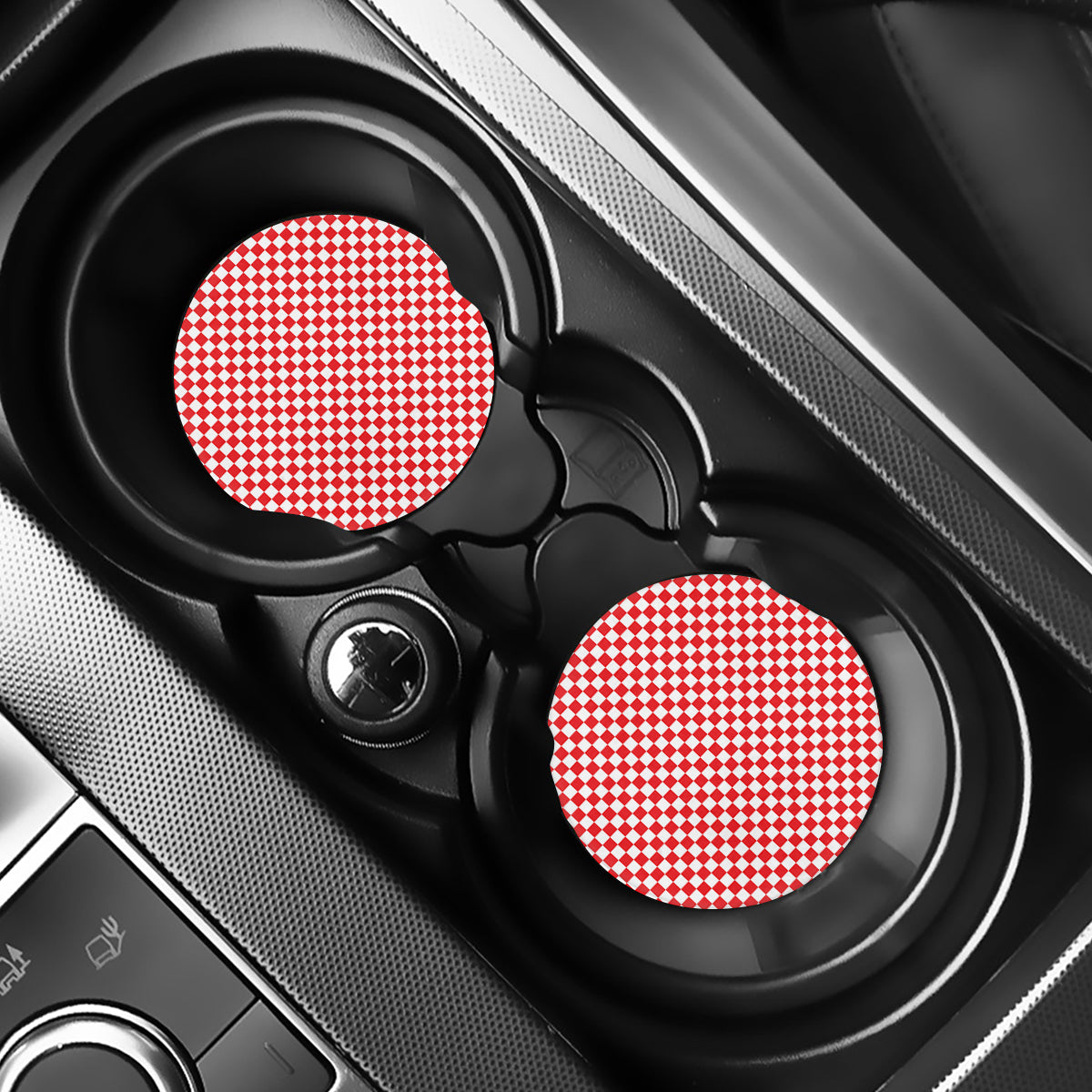 Red And White Checkered Pattern Print Car Coasters