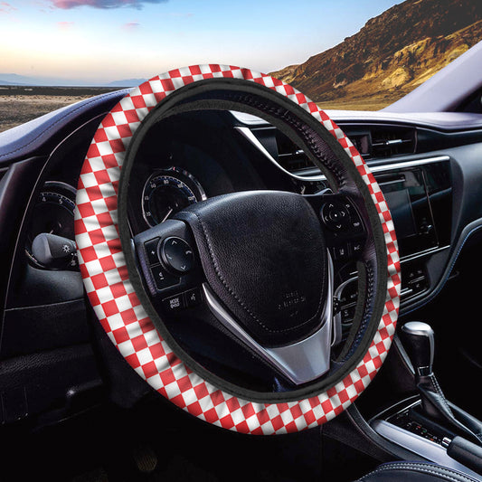 Red And White Checkered Pattern Print Car Steering Wheel Cover
