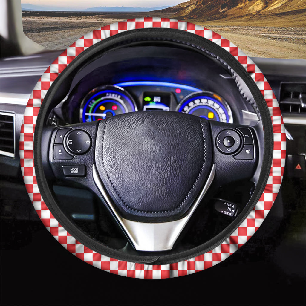 Red And White Checkered Pattern Print Car Steering Wheel Cover