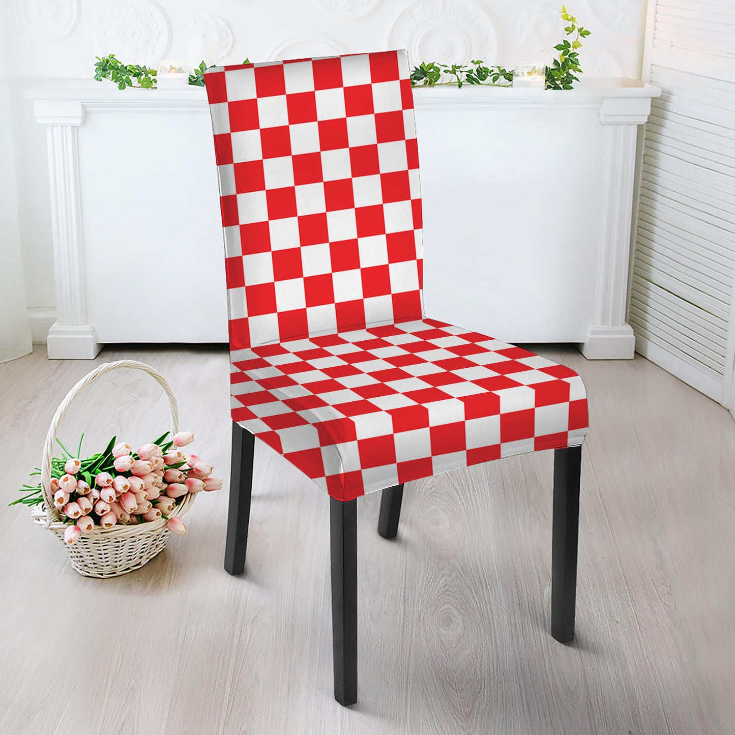 Red And White Checkered Pattern Print Dining Chair Slipcover