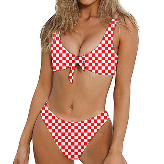 Red And White Checkered Pattern Print Front Bow Tie Bikini