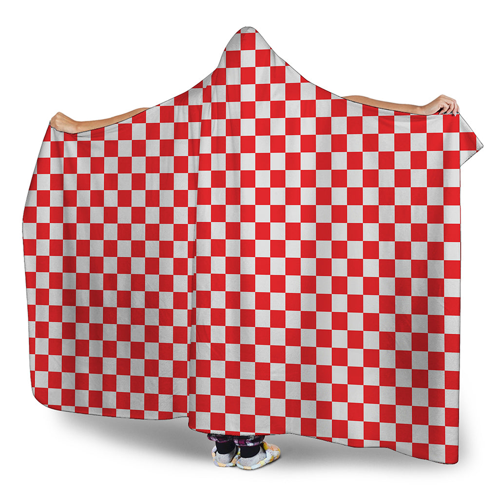 Red And White Checkered Pattern Print Hooded Blanket