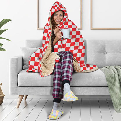Red And White Checkered Pattern Print Hooded Blanket