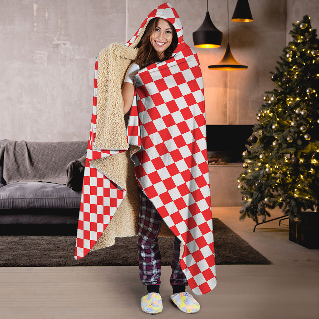 Red And White Checkered Pattern Print Hooded Blanket