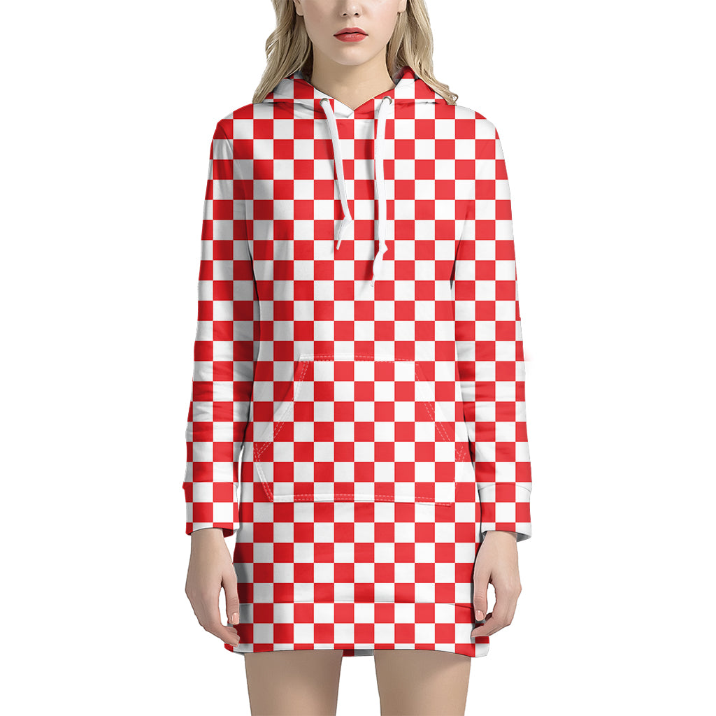 Red And White Checkered Pattern Print Hoodie Dress
