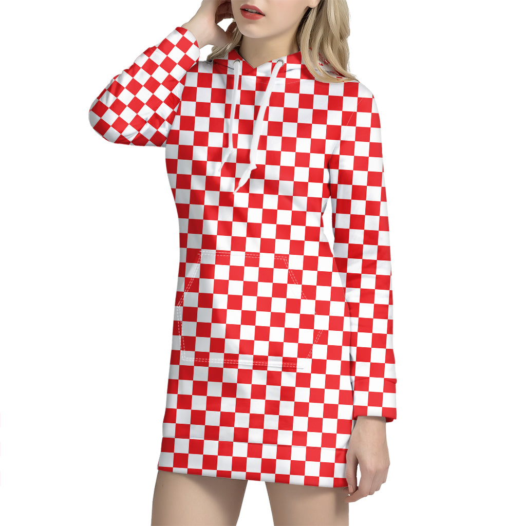 Red And White Checkered Pattern Print Hoodie Dress