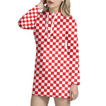 Red And White Checkered Pattern Print Hoodie Dress