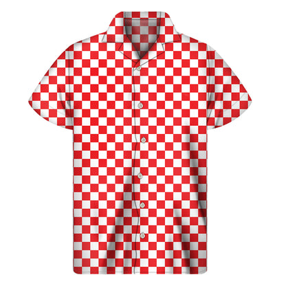 Red And White Checkered Pattern Print Men's Short Sleeve Shirt