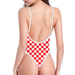 Red And White Checkered Pattern Print One Piece High Cut Swimsuit