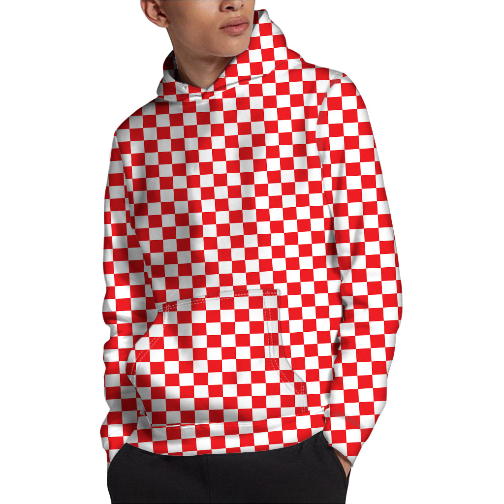 Red And White Checkered Pattern Print Pullover Hoodie