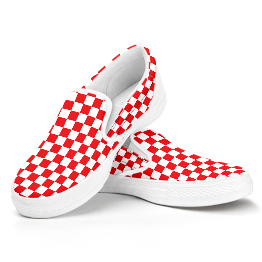 Red And White Checkered Pattern Print White Slip On Shoes