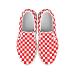 Red And White Checkered Pattern Print White Slip On Shoes