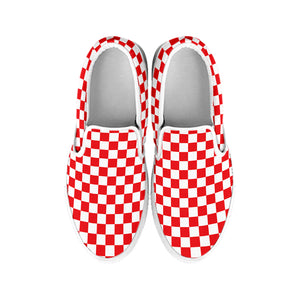 Red And White Checkered Pattern Print White Slip On Shoes