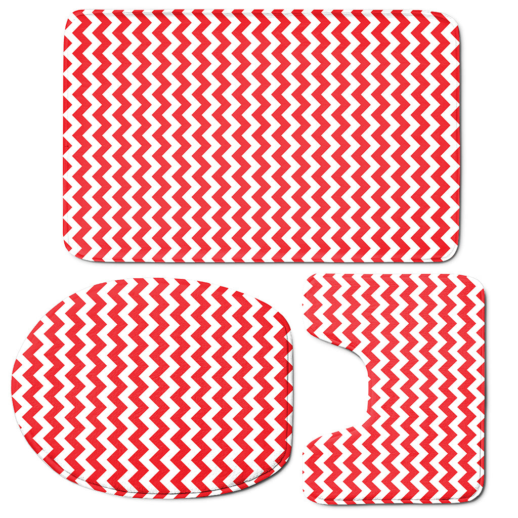 Red And White Chevron Pattern Print 3 Piece Bath Mat Set