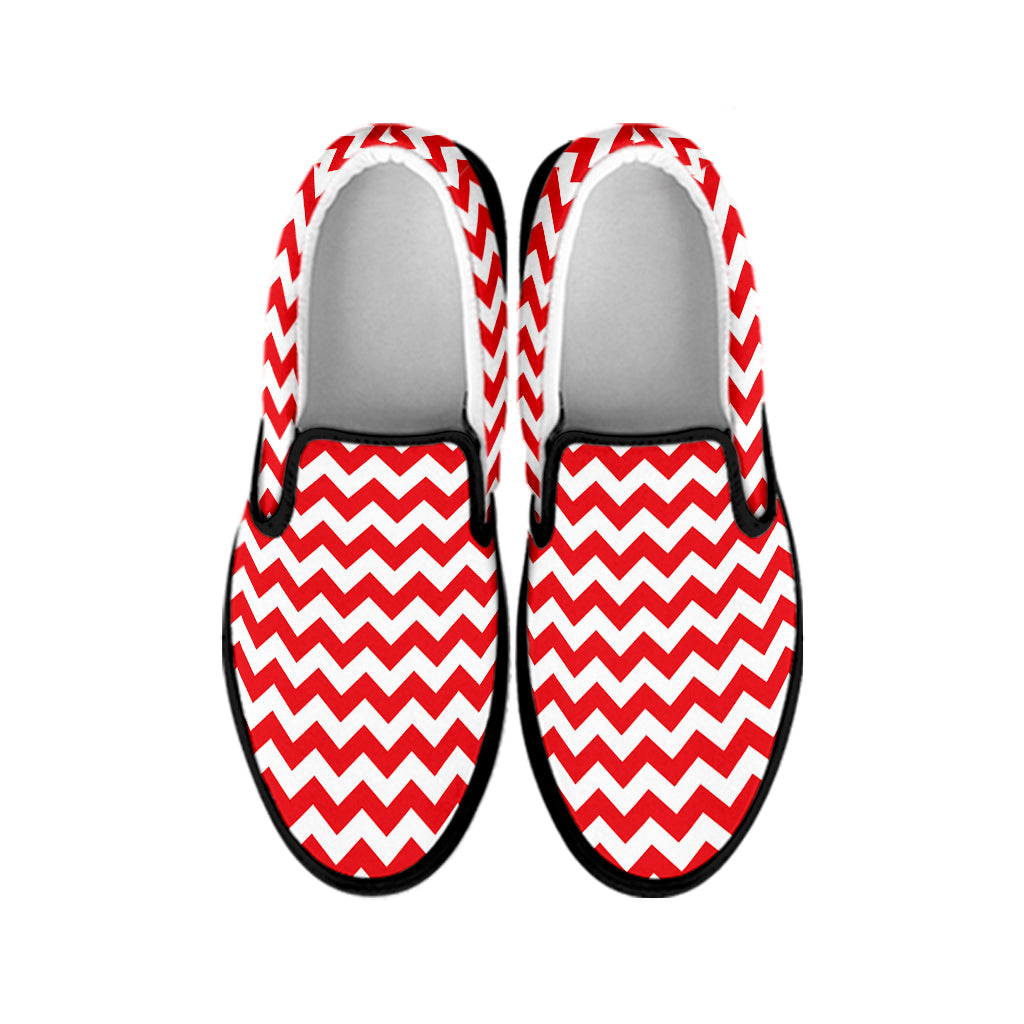 Red And White Chevron Pattern Print Black Slip On Shoes