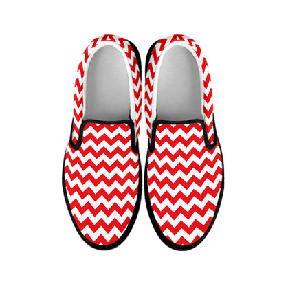 Red And White Chevron Pattern Print Black Slip On Shoes