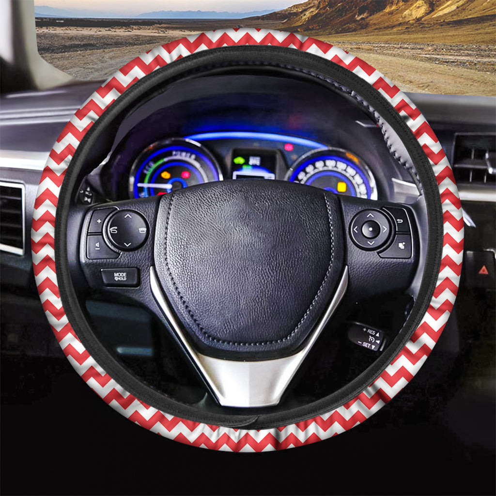Red And White Chevron Pattern Print Car Steering Wheel Cover