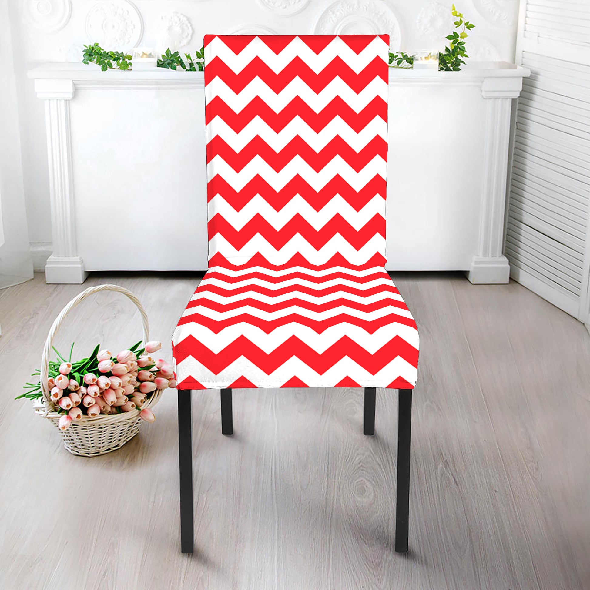 Red And White Chevron Pattern Print Dining Chair Slipcover
