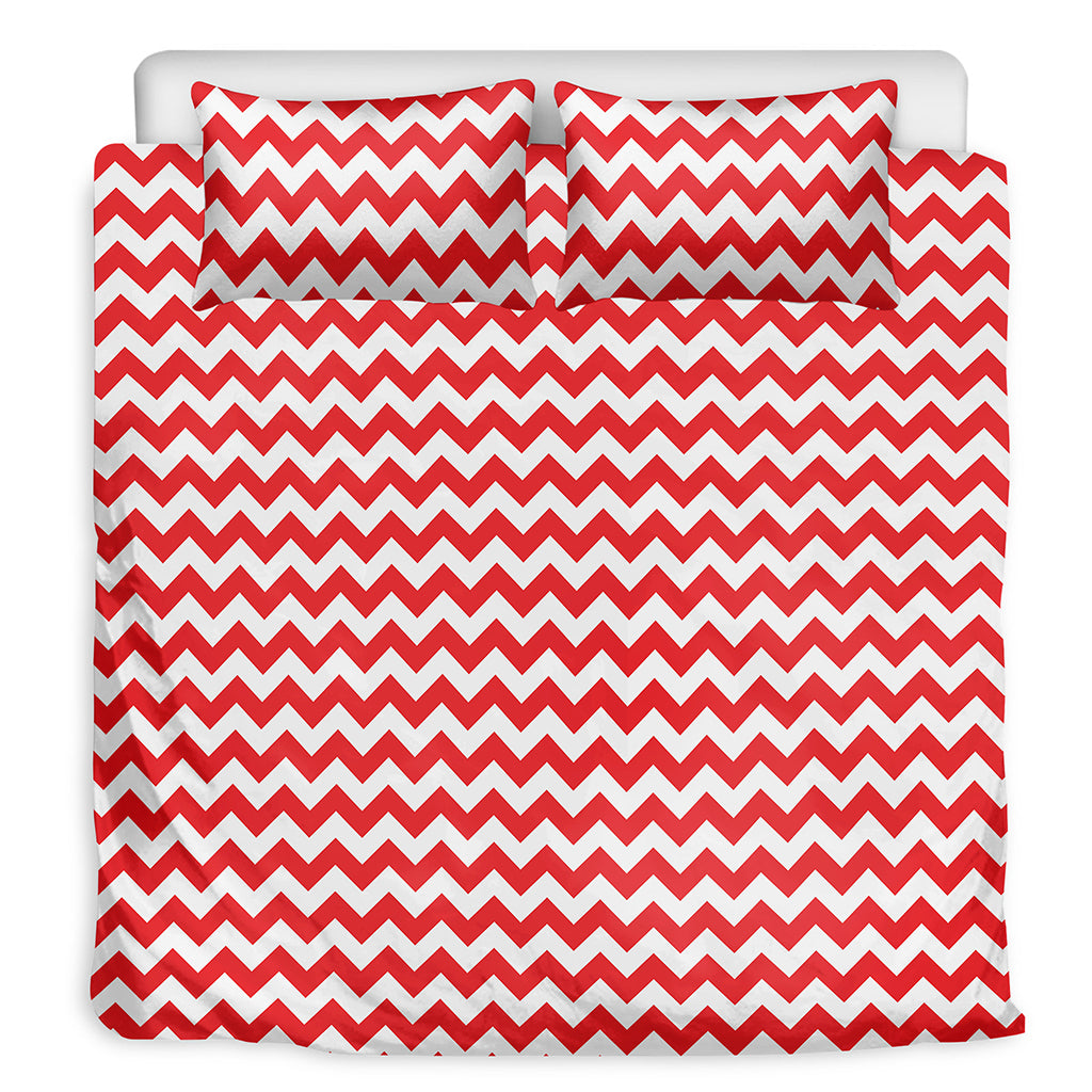 Red And White Chevron Pattern Print Duvet Cover Bedding Set