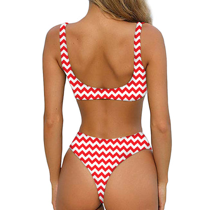 Red And White Chevron Pattern Print Front Bow Tie Bikini