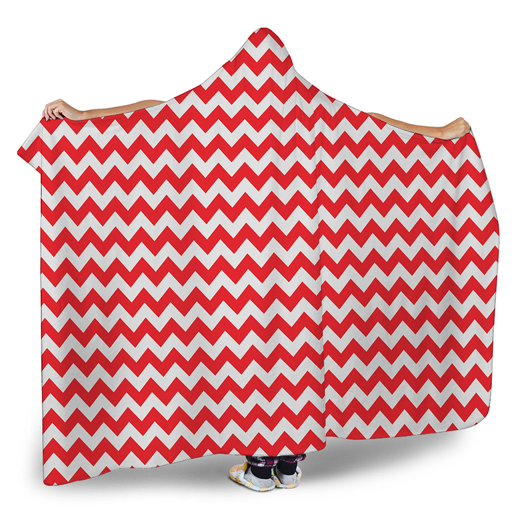 Red And White Chevron Pattern Print Hooded Blanket